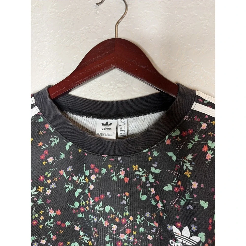 Adidas Originals Black Floral Long Sleeve Oversized Sweatshirt CROPPED, Size L